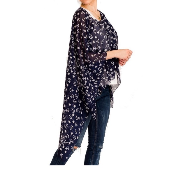 Anchor & Star Print Women's Navy Blue Semi Sheer Pullover Kimono Top One Size - Picture 3 of 4